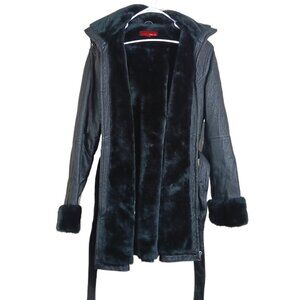 Max USA Leather Penny Lane Coat Womens S Black Faux Fur Lined Hooded Belted 70s